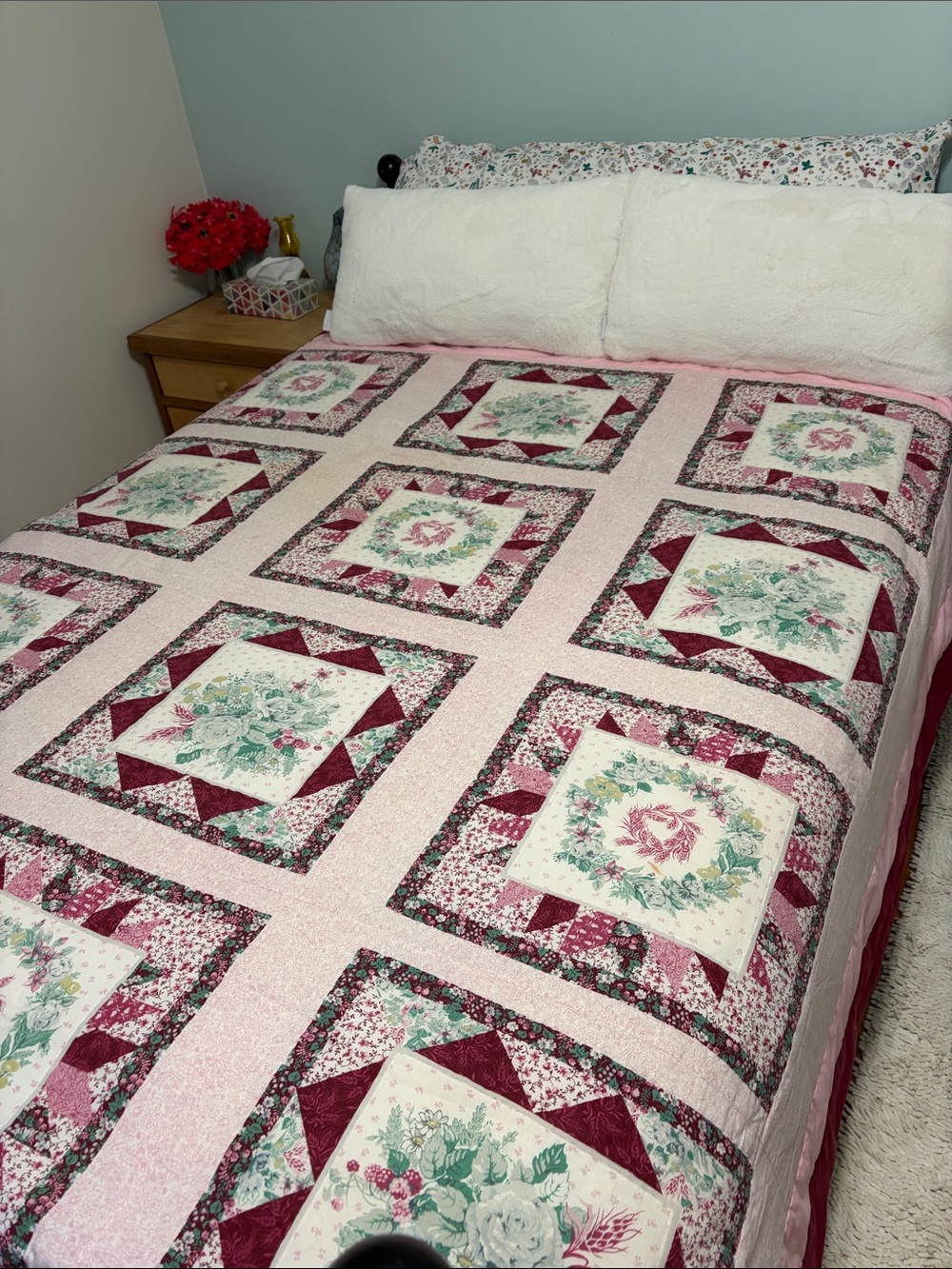 Floral Patchwork Quilt - Pink and Burgundy